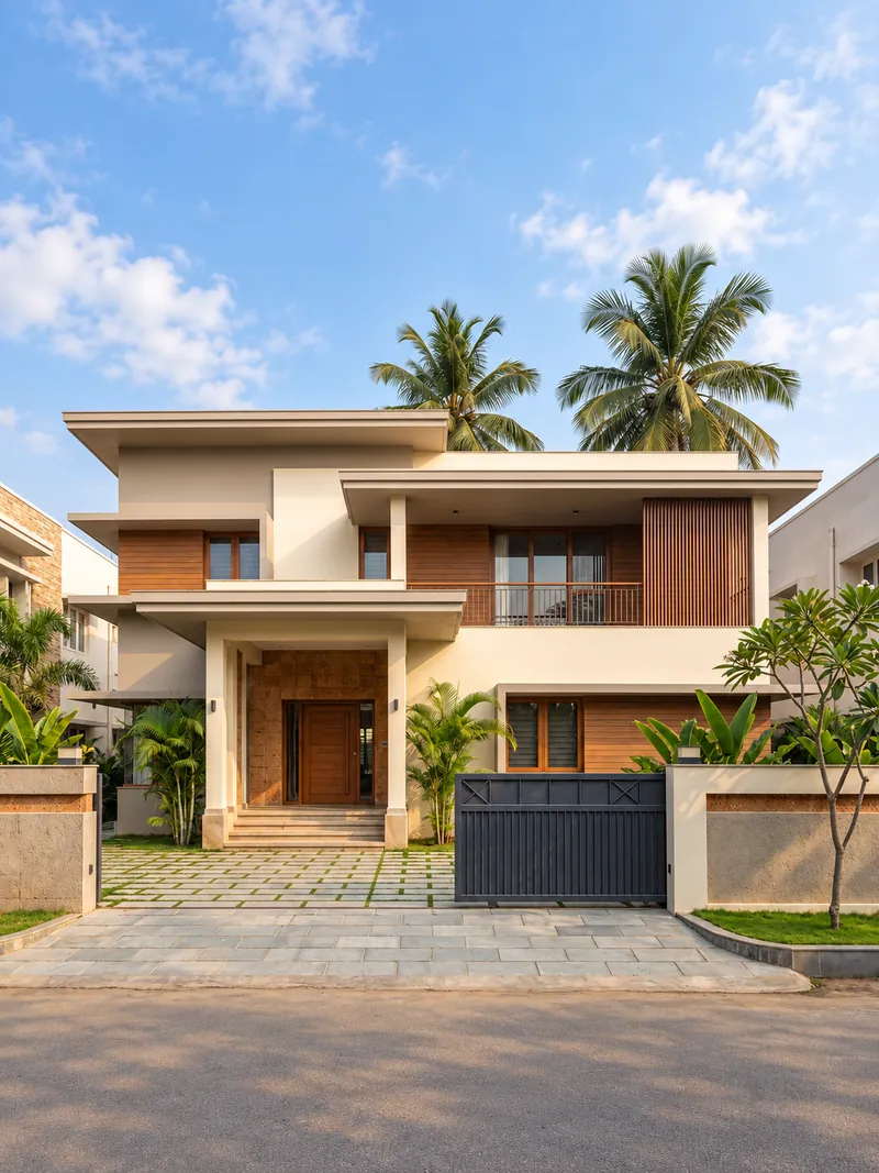 A two-storey house with timber cladding, a covered entrance, a sliding grey gate and coconut palms behind