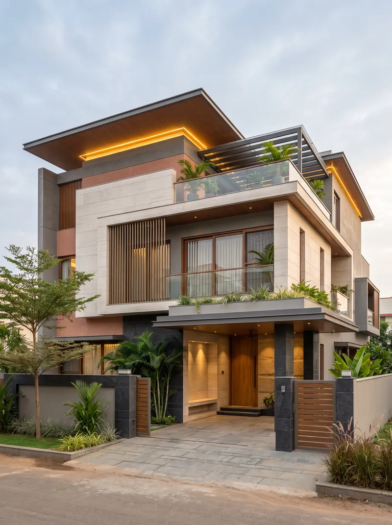 A three-storey contemporary home with deep roof overhangs lit at dusk, a planted terrace and a covered car porch