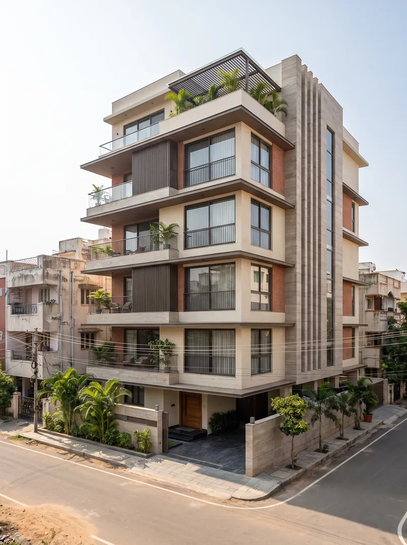 A multi-storey apartment building with balconies, brick and stone cladding and a ribbed stair tower on a street corner